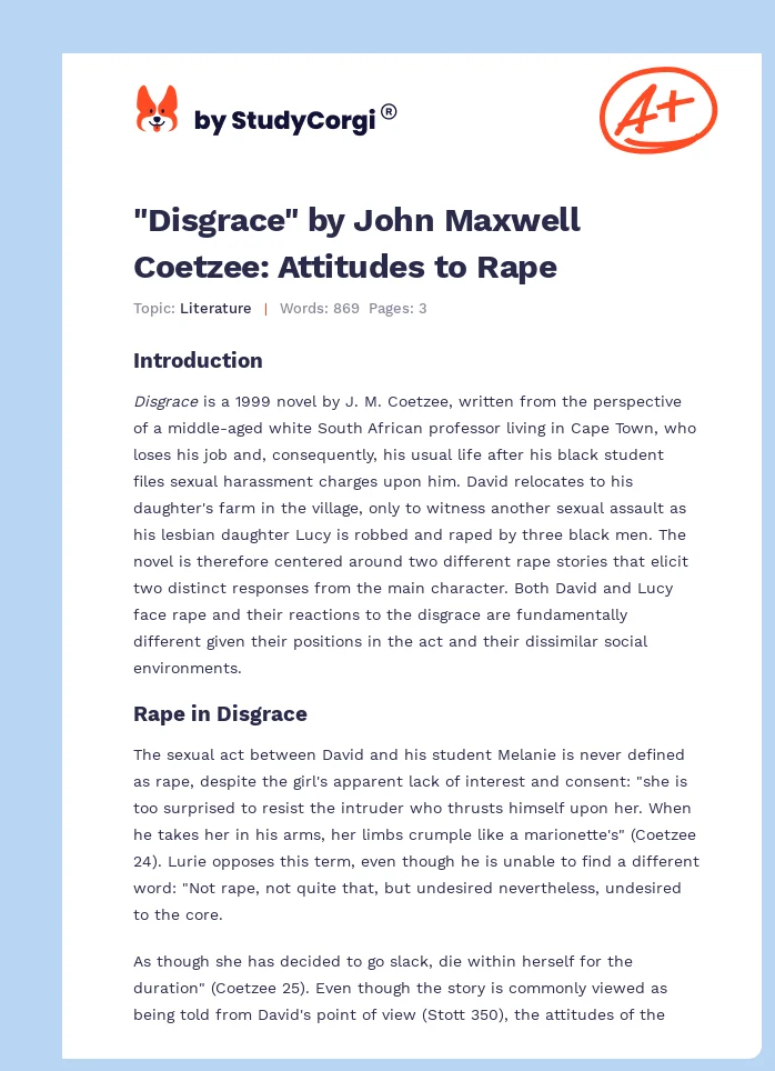"Disgrace" by John Maxwell Coetzee: Attitudes to Rape. Page 1