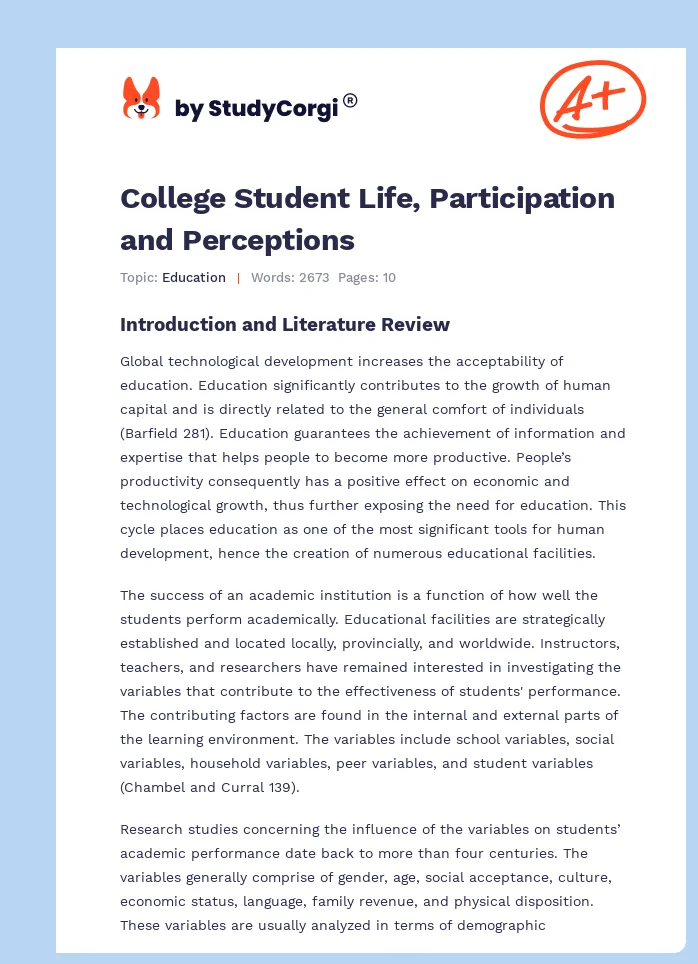 College Student Life, Participation and Perceptions. Page 1