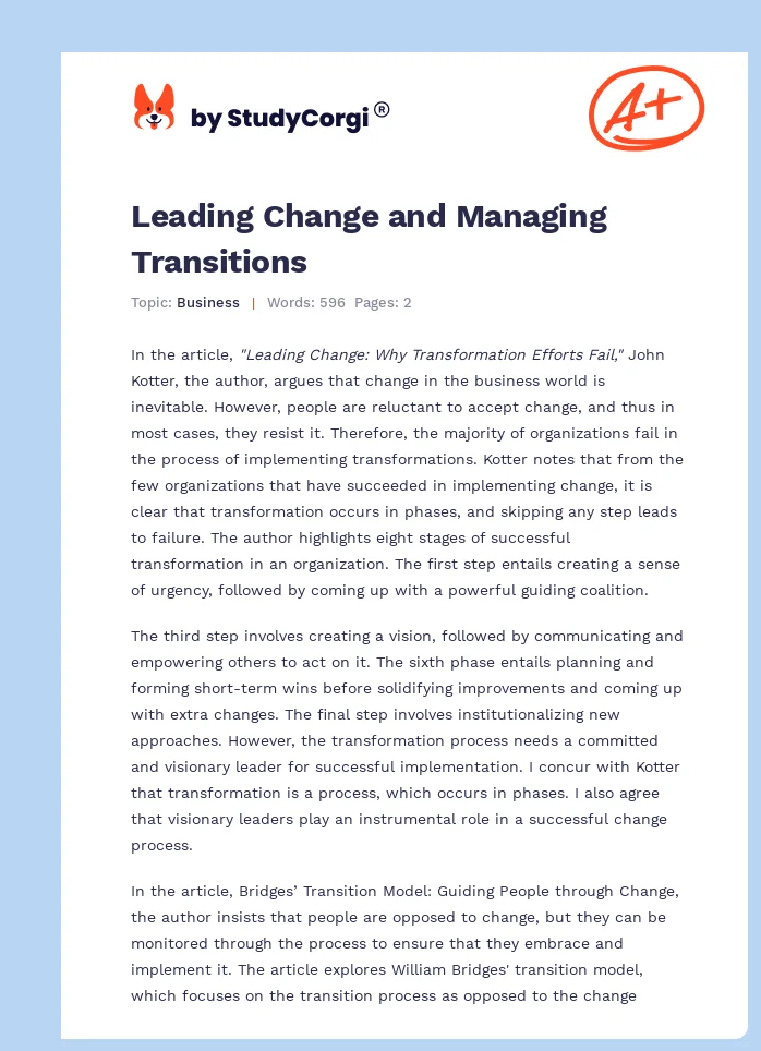 Leading Change and Managing Transitions. Page 1