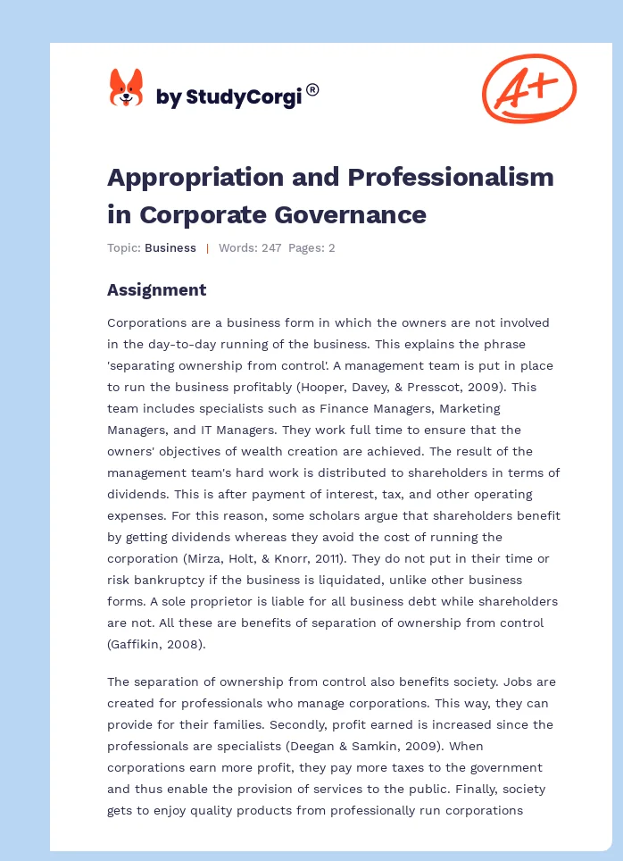 Appropriation and Professionalism in Corporate Governance. Page 1