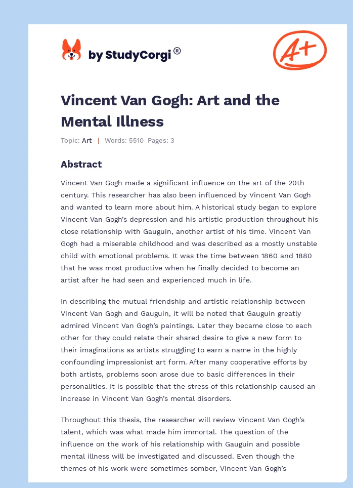 Vincent Van Gogh: Art and the Mental Illness. Page 1