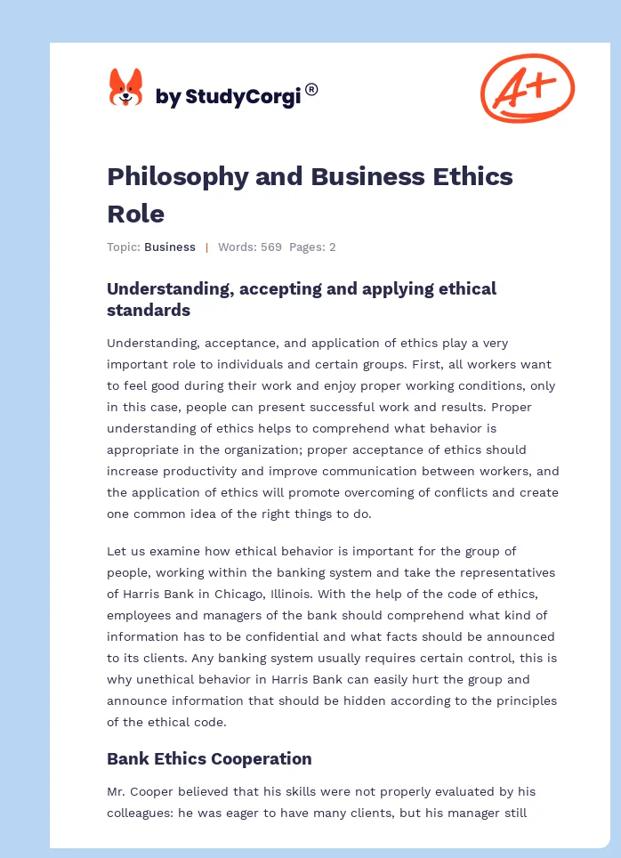 Philosophy and Business Ethics Role. Page 1