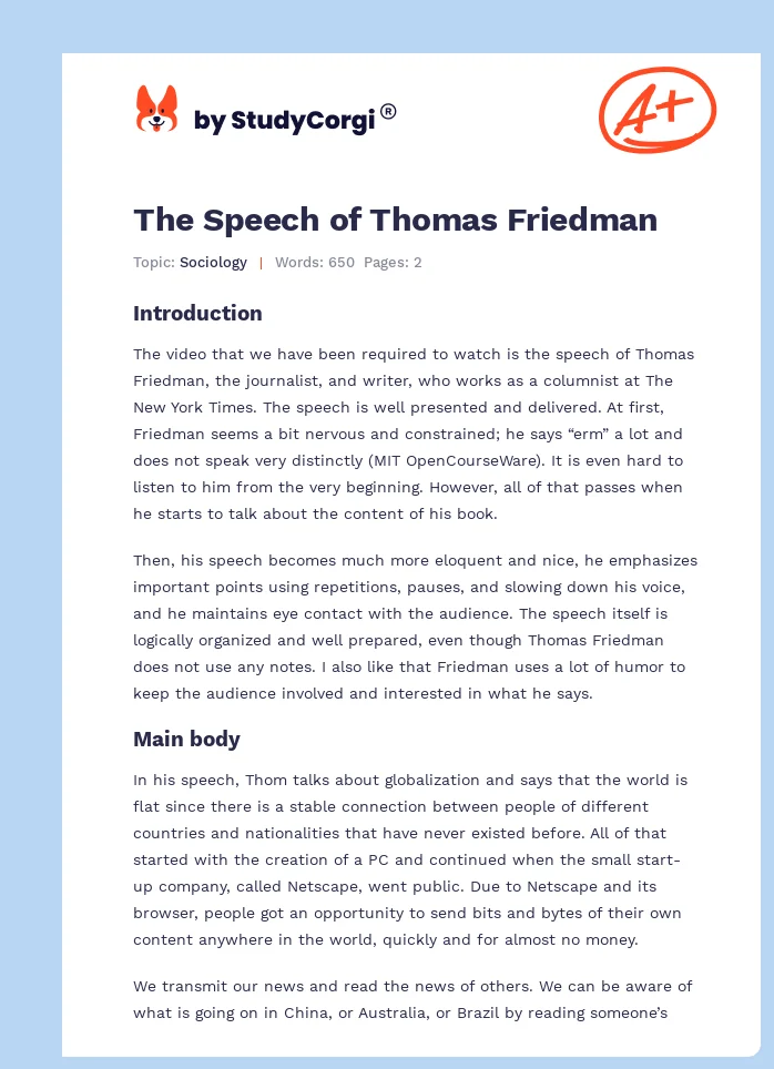 The Speech of Thomas Friedman. Page 1