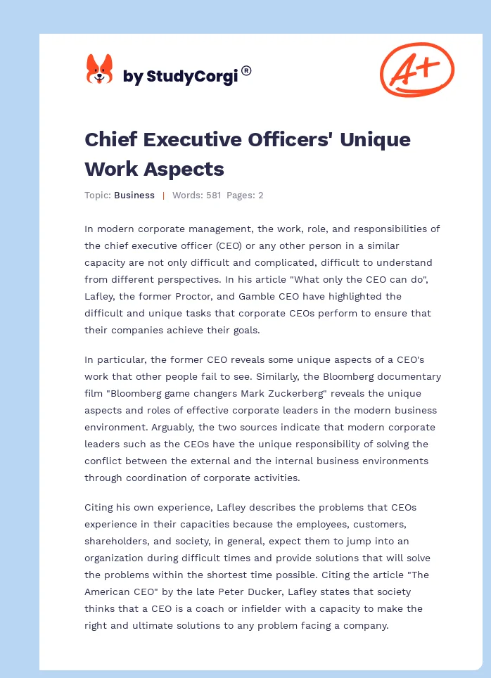 Chief Executive Officers' Unique Work Aspects. Page 1