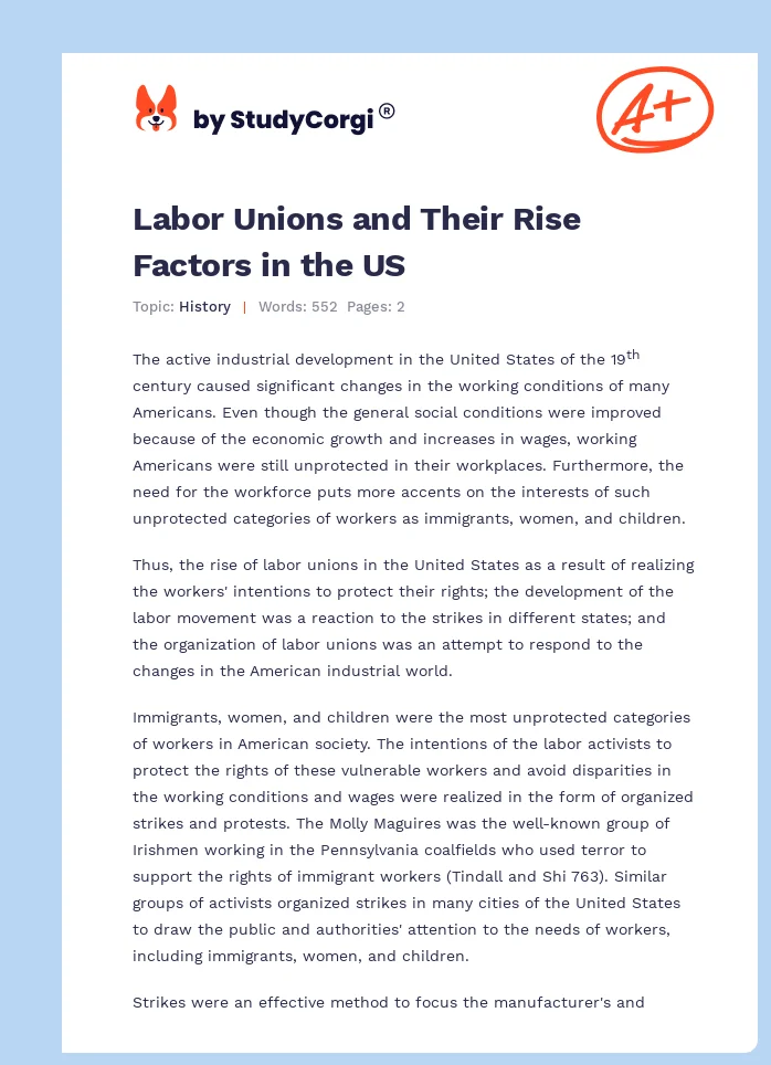 Labor Unions and Their Rise Factors in the US. Page 1
