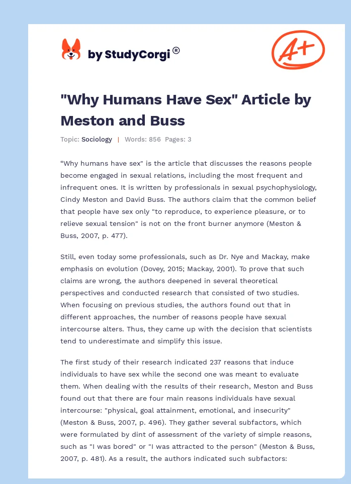 "Why Humans Have Sex" Article by Meston and Buss. Page 1