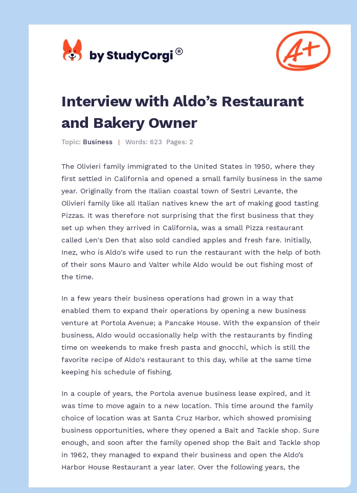Interview with Aldo’s Restaurant and Bakery Owner. Page 1