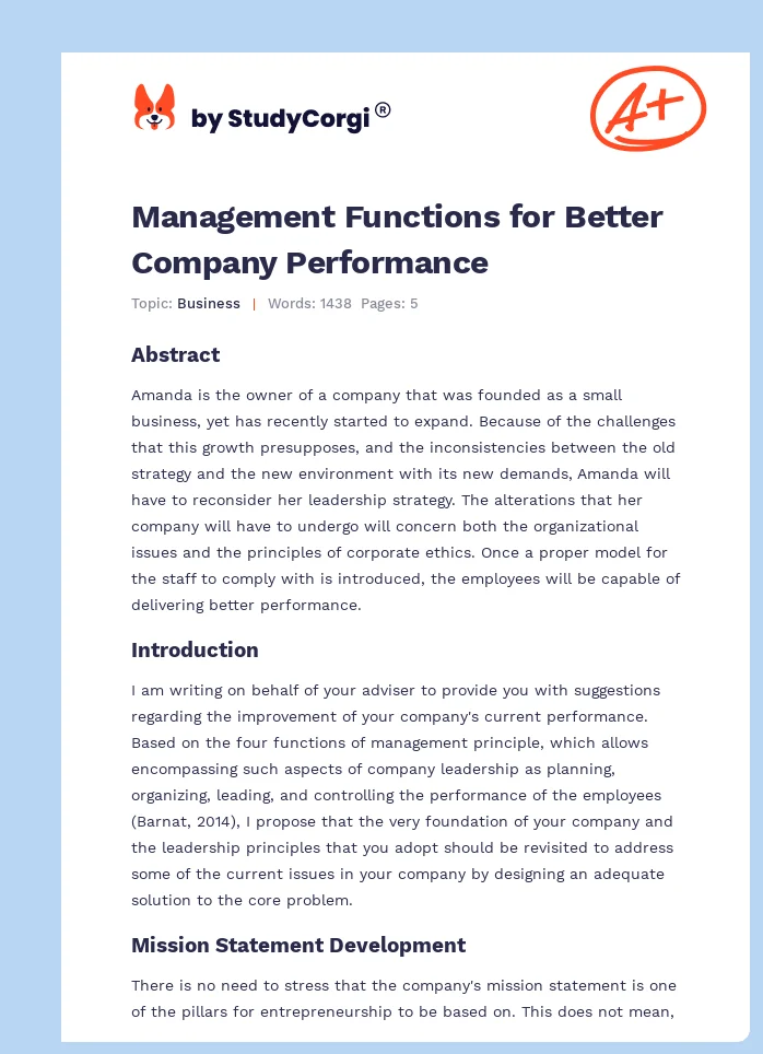 Management Functions for Better Company Performance. Page 1