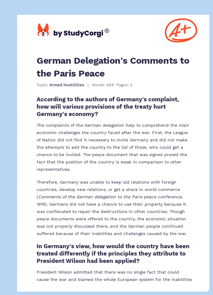 German Delegation's Comments to the Paris Peace. Page 1