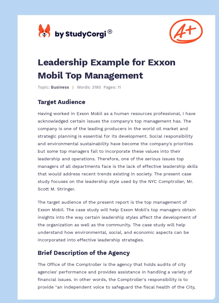 Leadership Example for Exxon Mobil Top Management. Page 1