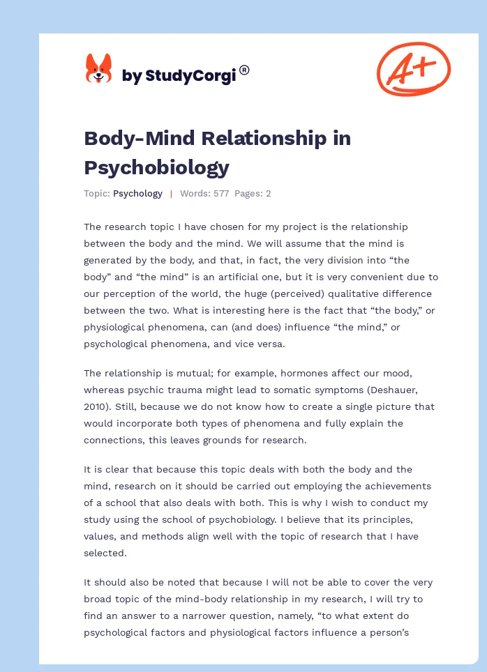 Body-Mind Relationship in Psychobiology. Page 1