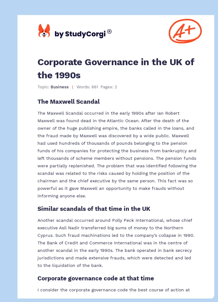 Corporate Governance in the UK of the 1990s. Page 1