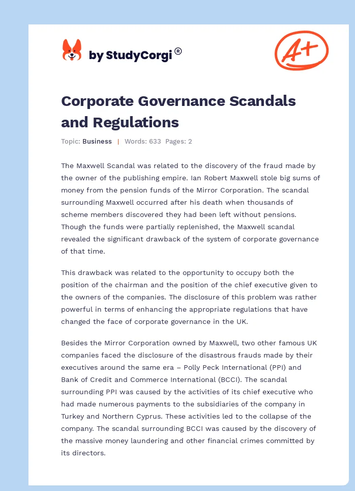 Corporate Governance Scandals and Regulations. Page 1
