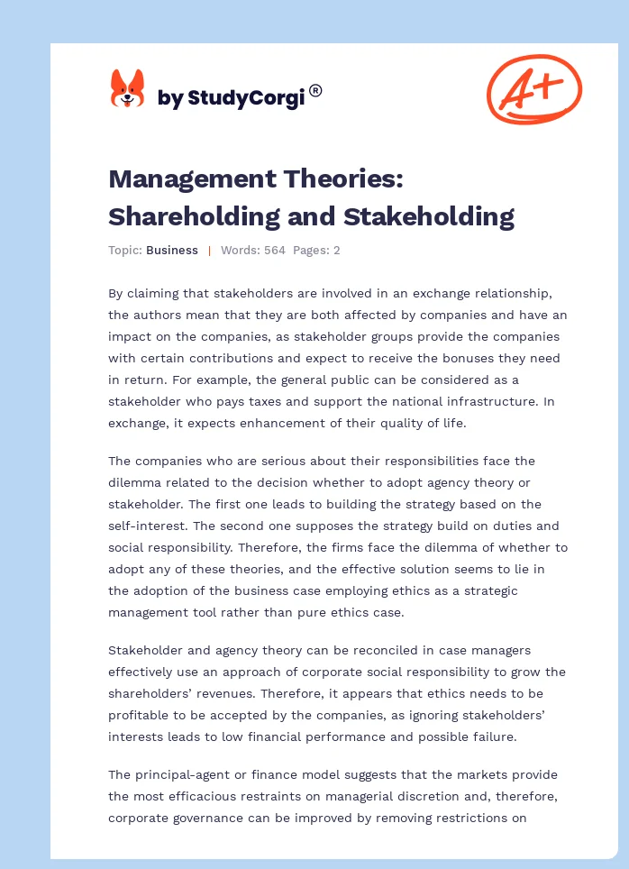 Management Theories: Shareholding and Stakeholding. Page 1