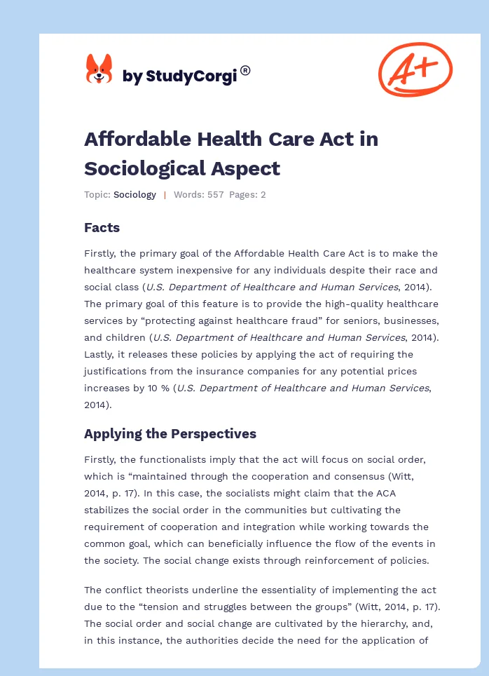 Affordable Health Care Act in Sociological Aspect. Page 1