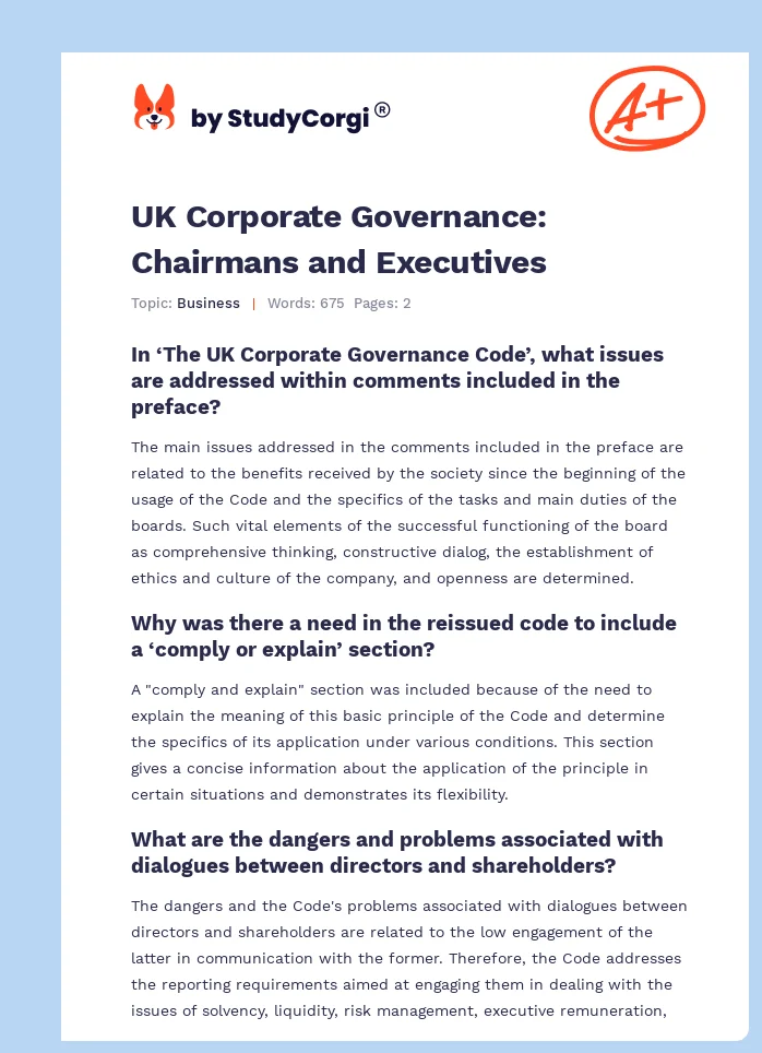 UK Corporate Governance: Chairmans and Executives. Page 1