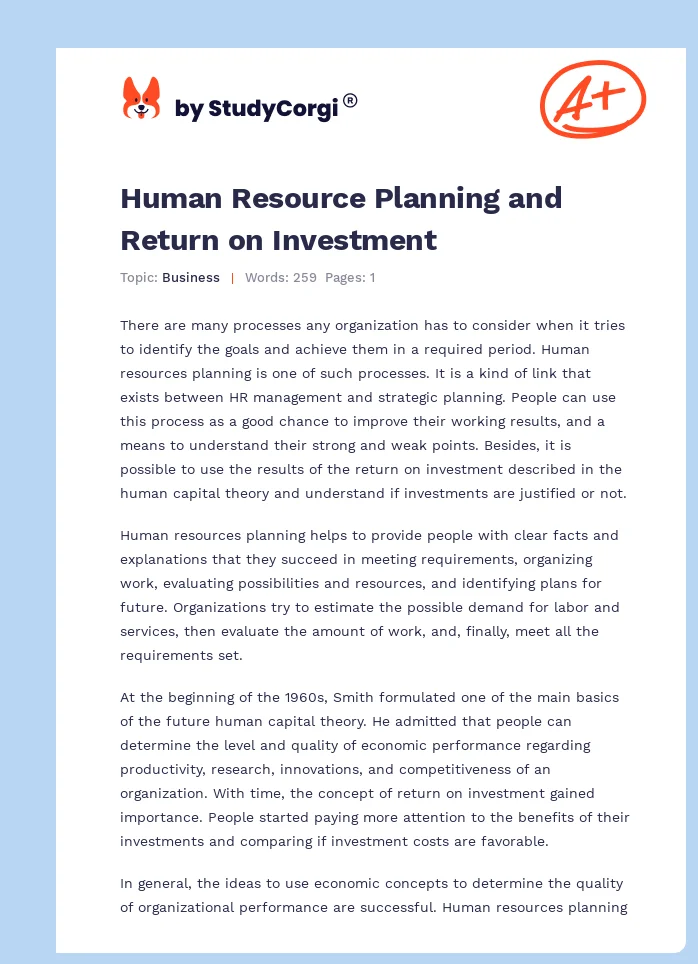 Human Resource Planning and Return on Investment. Page 1