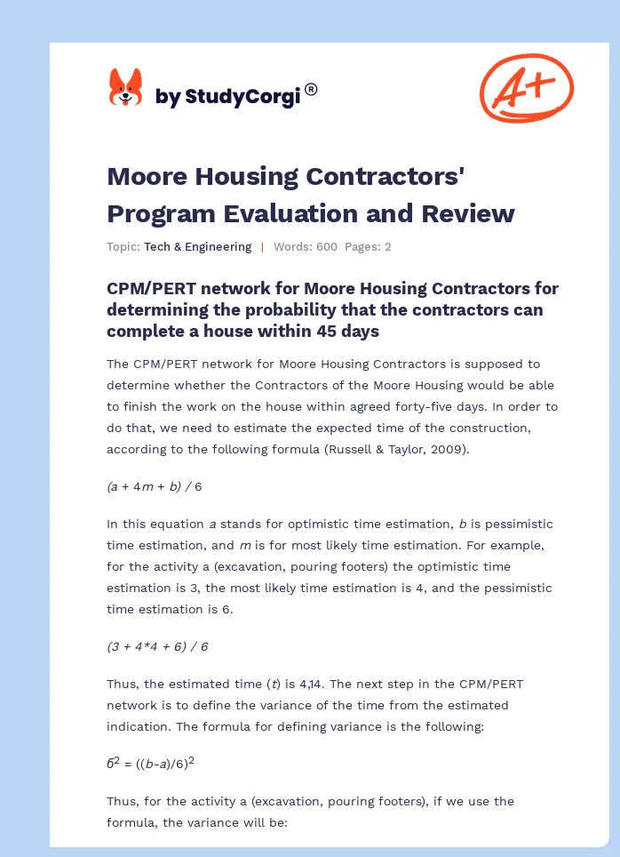 Moore Housing Contractors' Program Evaluation and Review. Page 1