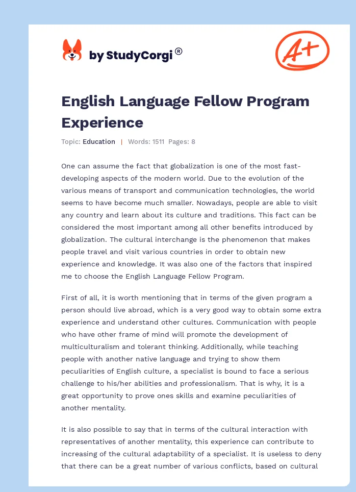 English Language Fellow Program Experience. Page 1