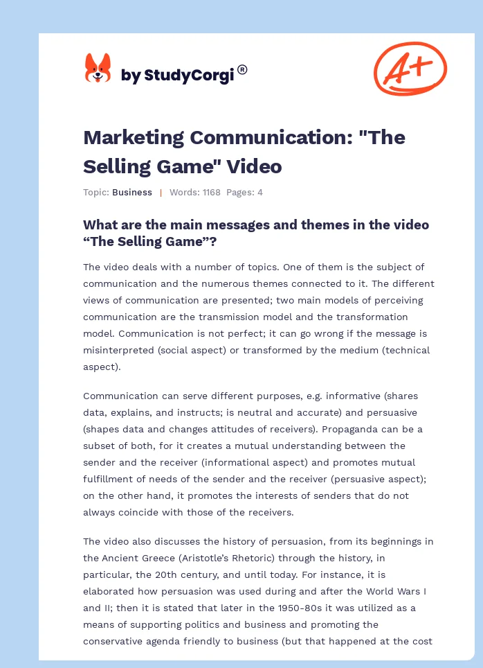Marketing Communication: "The Selling Game" Video. Page 1