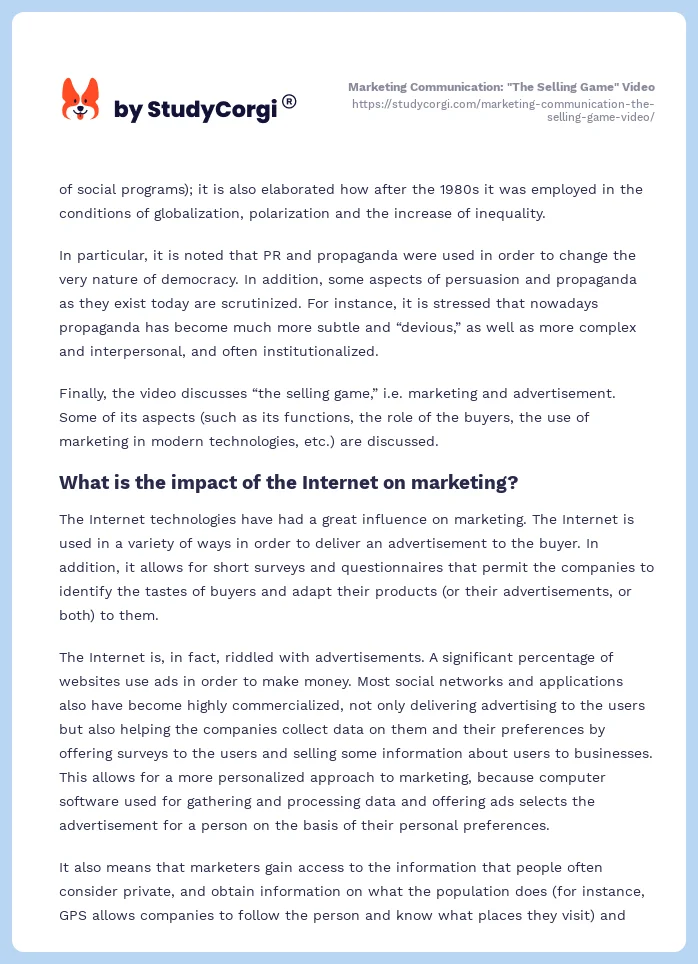 Marketing Communication: "The Selling Game" Video. Page 2