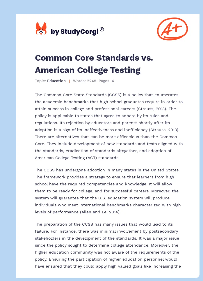 Common Core Standards vs. American College Testing. Page 1
