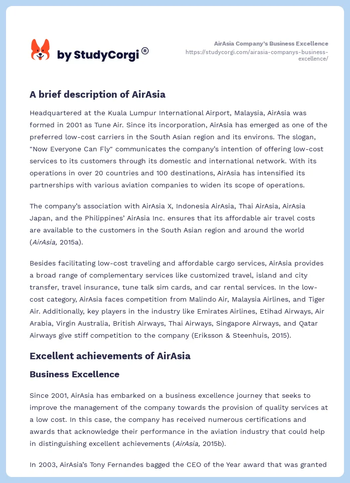 AirAsia Company’s Business Excellence. Page 2