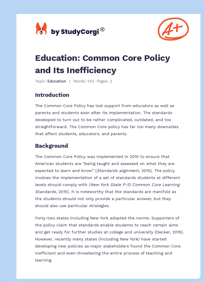 Education: Common Core Policy and Its Inefficiency. Page 1