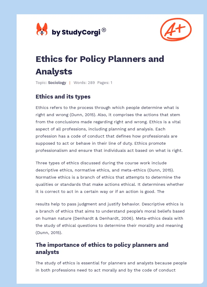 Ethics for Policy Planners and Analysts. Page 1