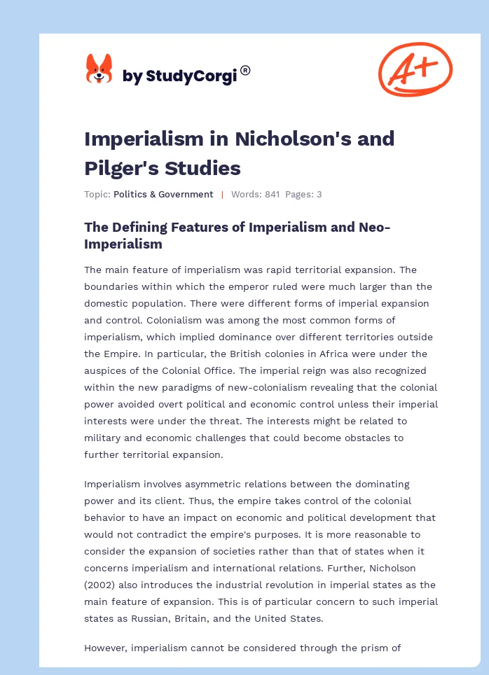 Imperialism in Nicholson's and Pilger's Studies. Page 1