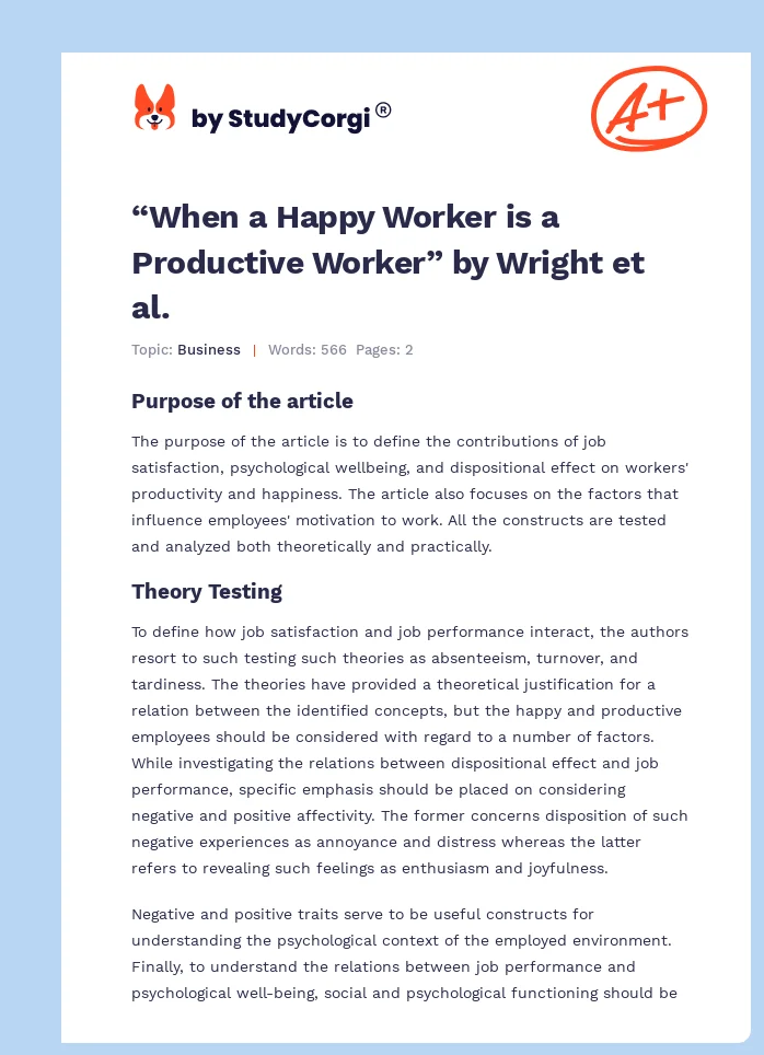 “When a Happy Worker is a Productive Worker” by Wright et al.. Page 1