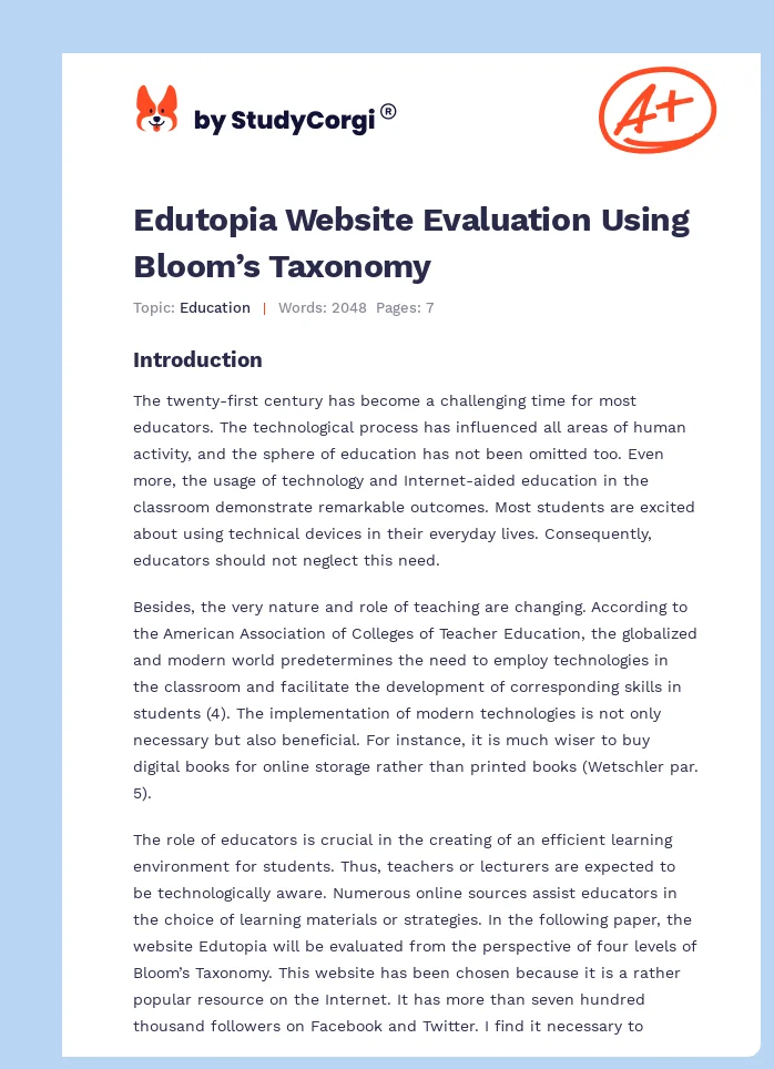 Edutopia Website Evaluation Using Bloom’s Taxonomy. Page 1