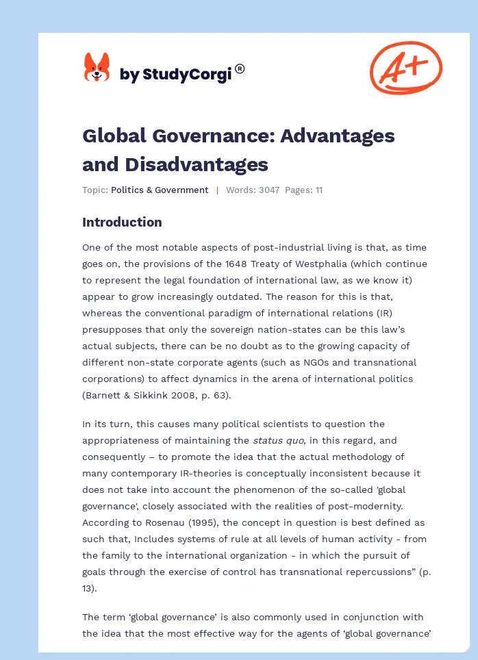 Global Governance: Advantages and Disadvantages. Page 1