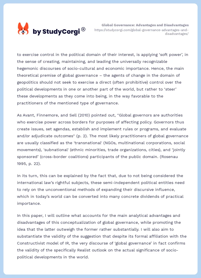 Global Governance: Advantages and Disadvantages. Page 2