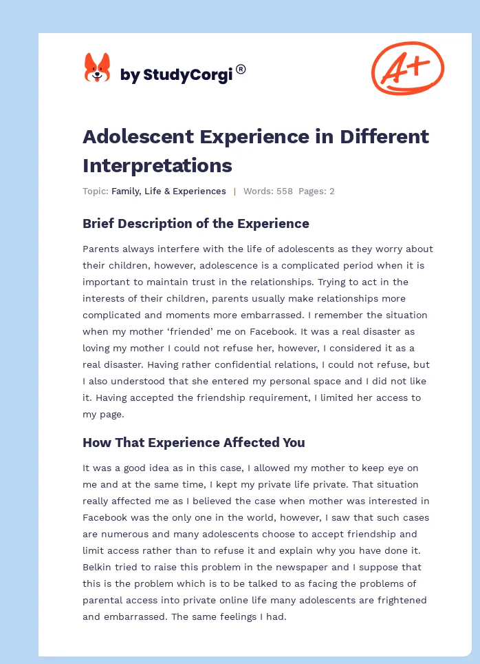my adolescent experience essay brainly