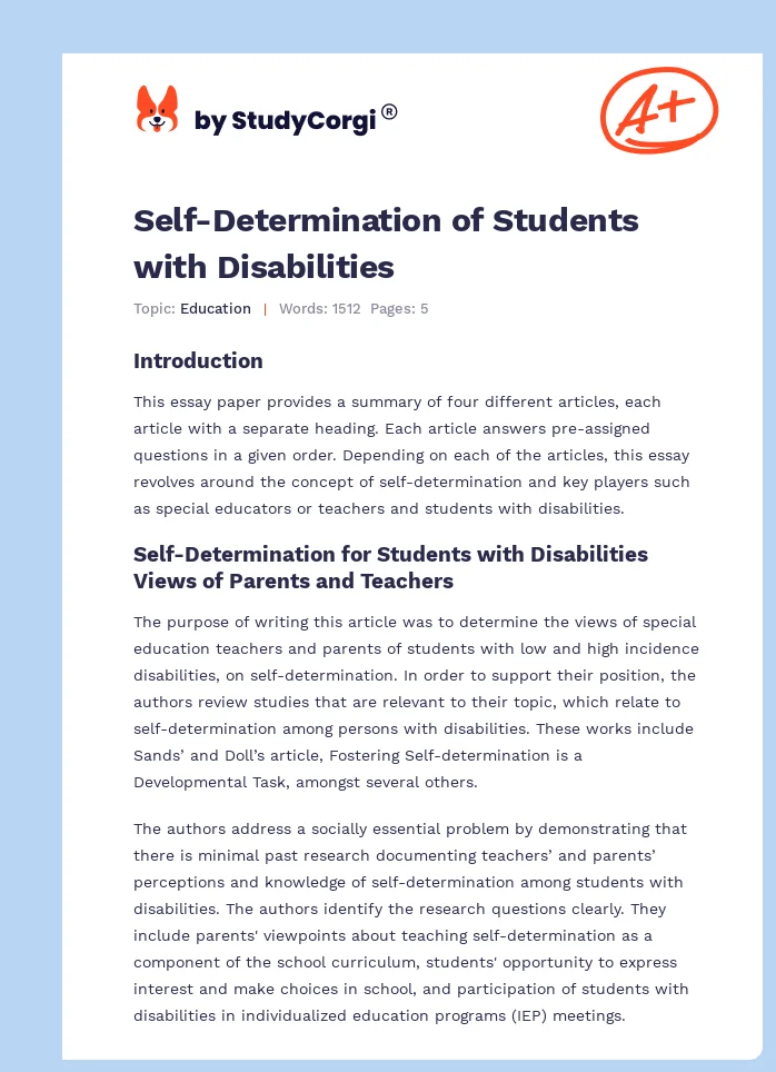 Self-Determination of Students with Disabilities. Page 1