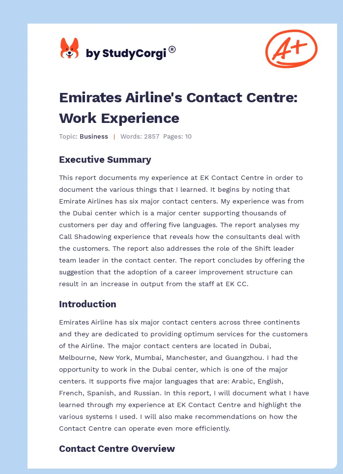 Emirates Airline's Contact Centre: Work Experience. Page 1
