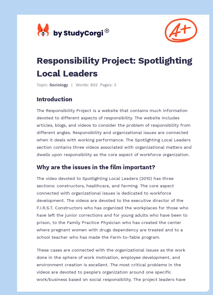 Responsibility Project: Spotlighting Local Leaders. Page 1