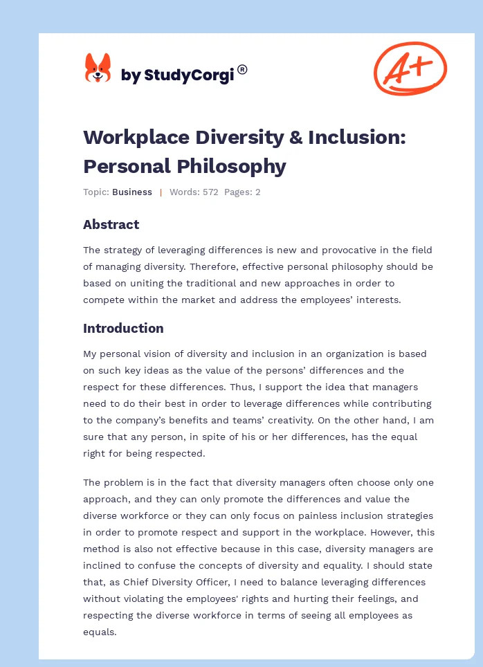 Workplace Diversity & Inclusion: Personal Philosophy. Page 1
