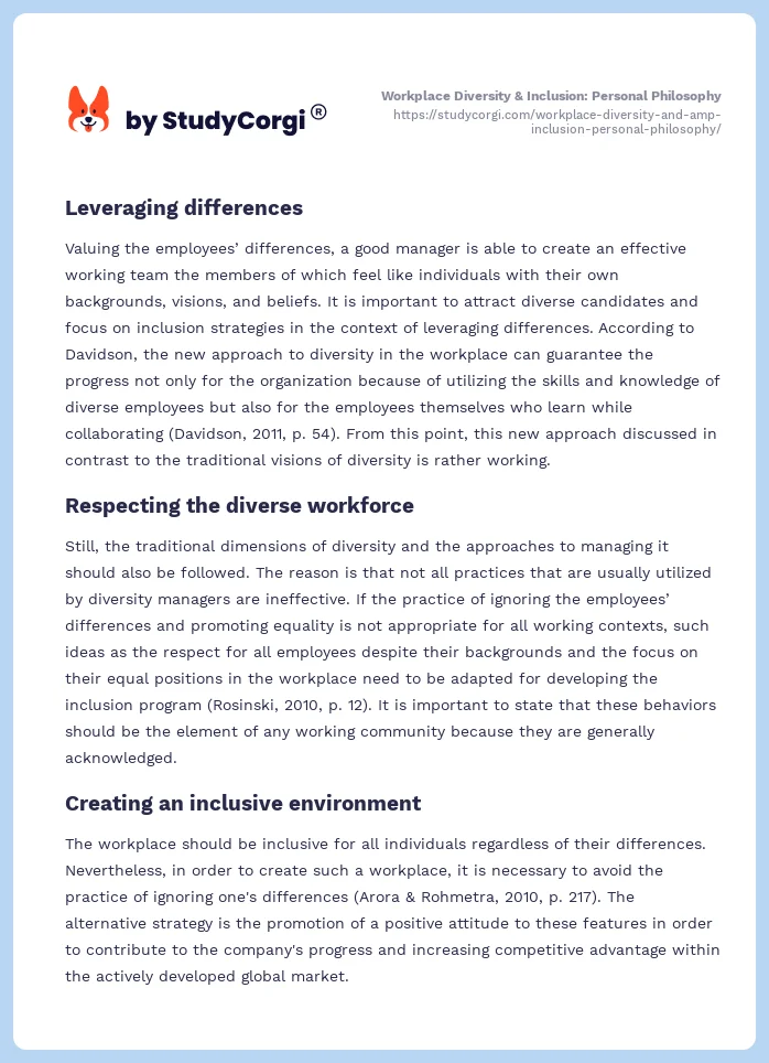 Workplace Diversity & Inclusion: Personal Philosophy. Page 2