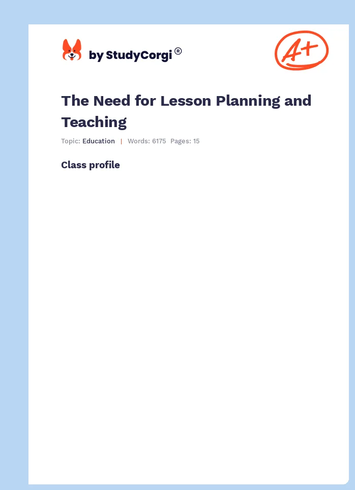 The Need for Lesson Planning and Teaching. Page 1