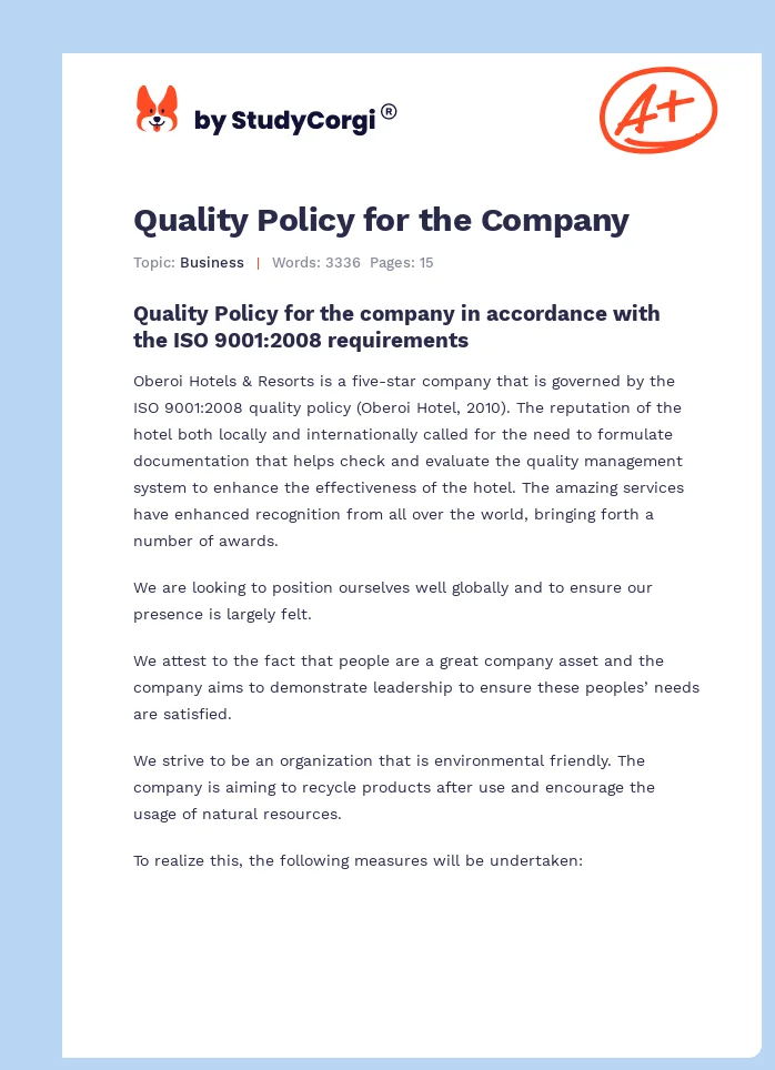 Quality Policy for the Company. Page 1