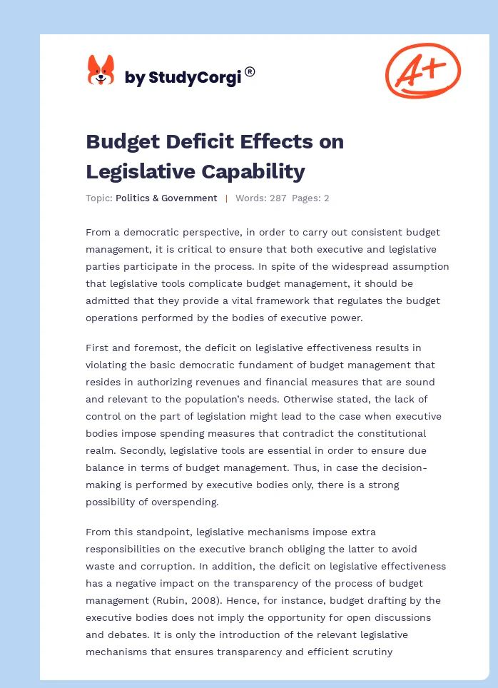 Budget Deficit Effects on Legislative Capability. Page 1