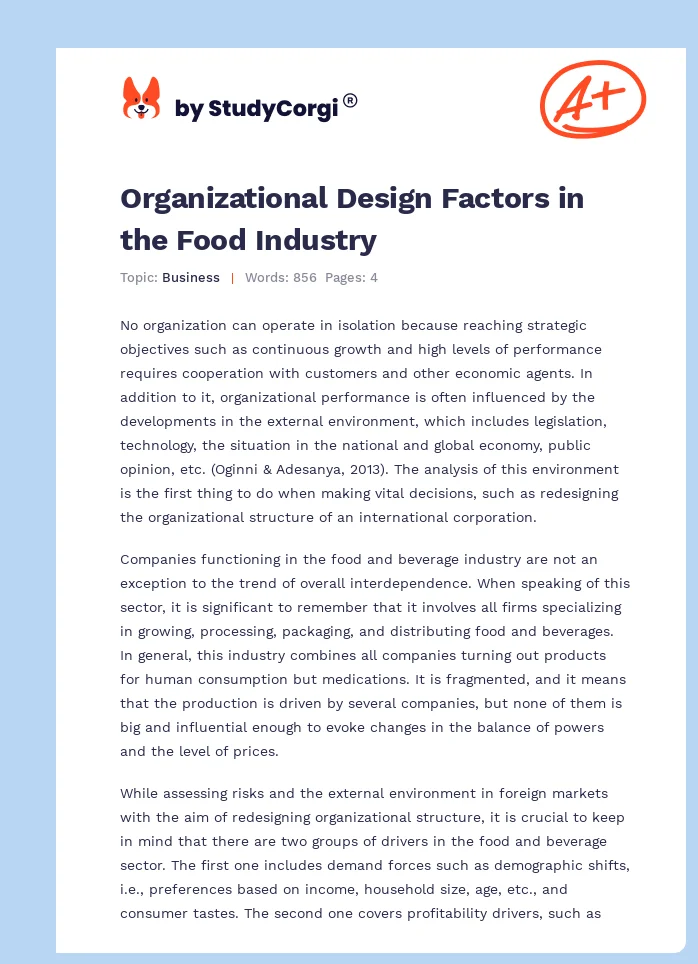 Organizational Design Factors in the Food Industry. Page 1