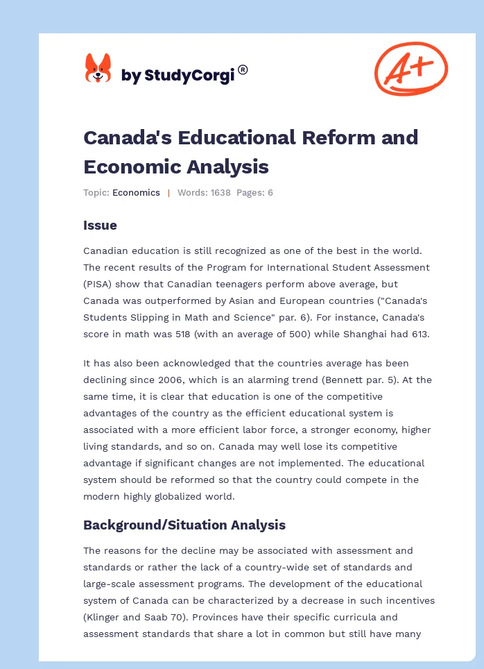 Canada's Educational Reform and Economic Analysis. Page 1