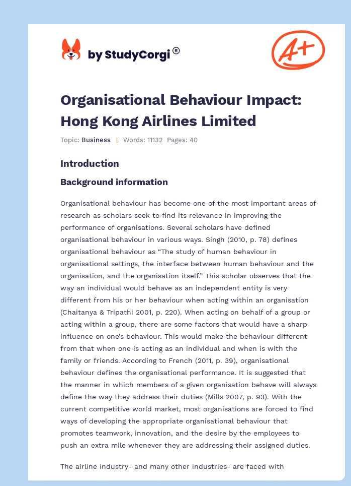 Organisational Behaviour Impact: Hong Kong Airlines Limited. Page 1