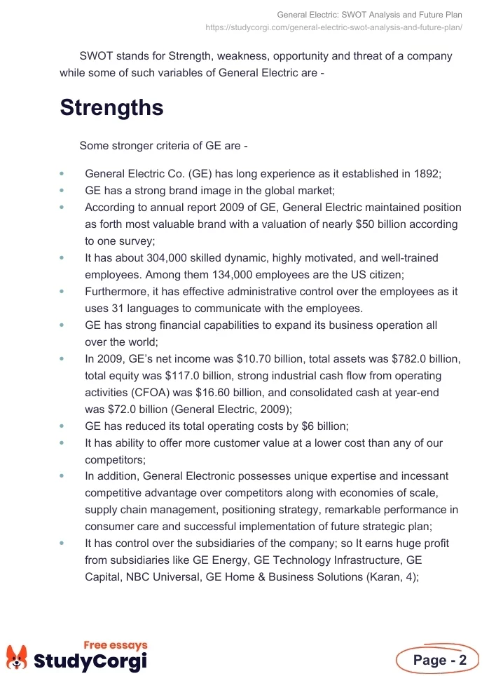 General Electric: SWOT Analysis and Future Plan. Page 2