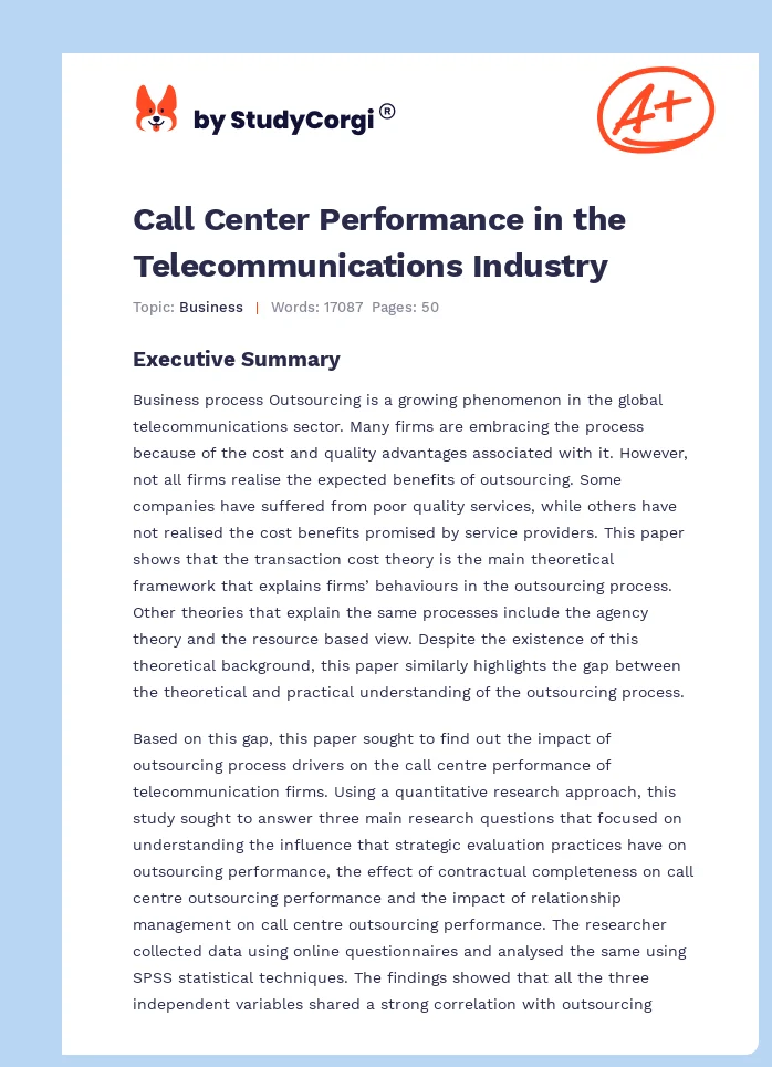 Call Center Performance in the Telecommunications Industry. Page 1