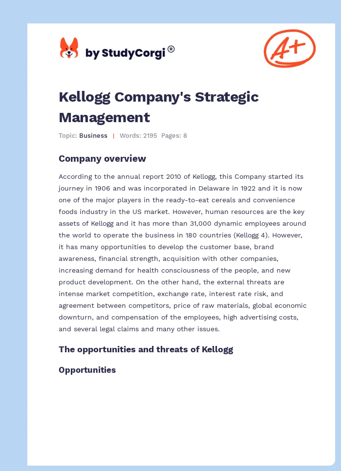 Kellogg Company's Strategic Management. Page 1