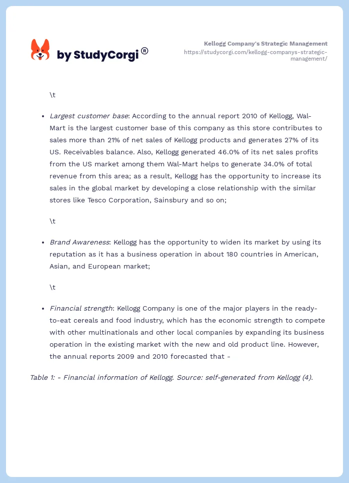 Kellogg Company's Strategic Management. Page 2